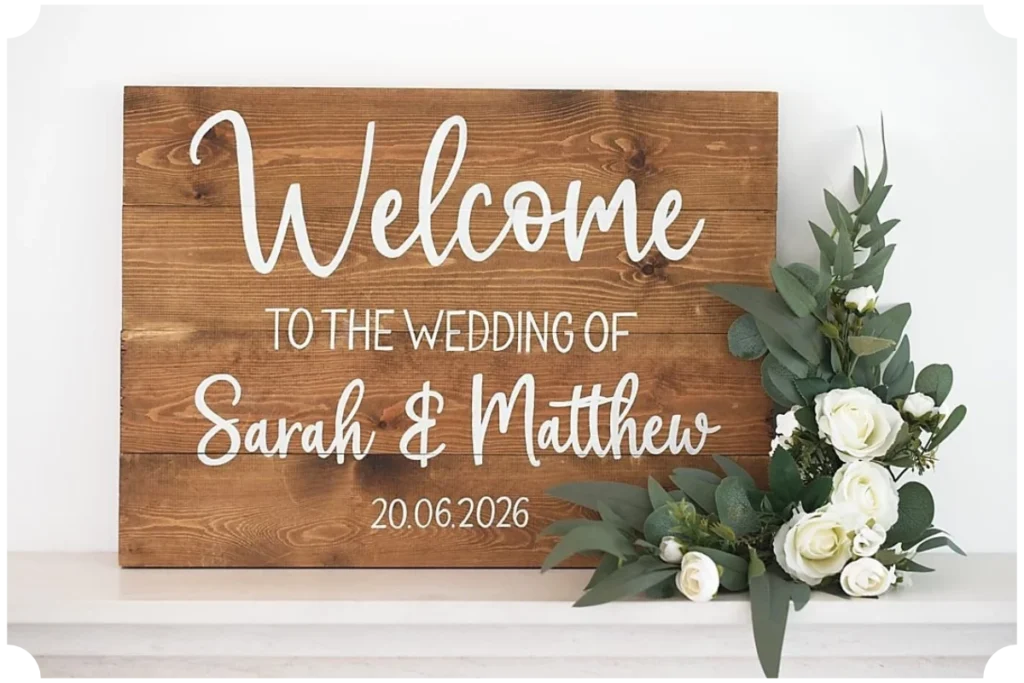 Personalised wooden wedding welcome sign decorated with white roses and eucalyptus.